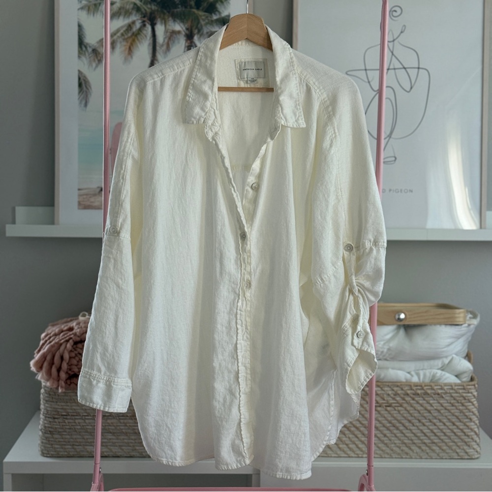 American Eagle Linen Blend Button Down Shirt White | Size Large